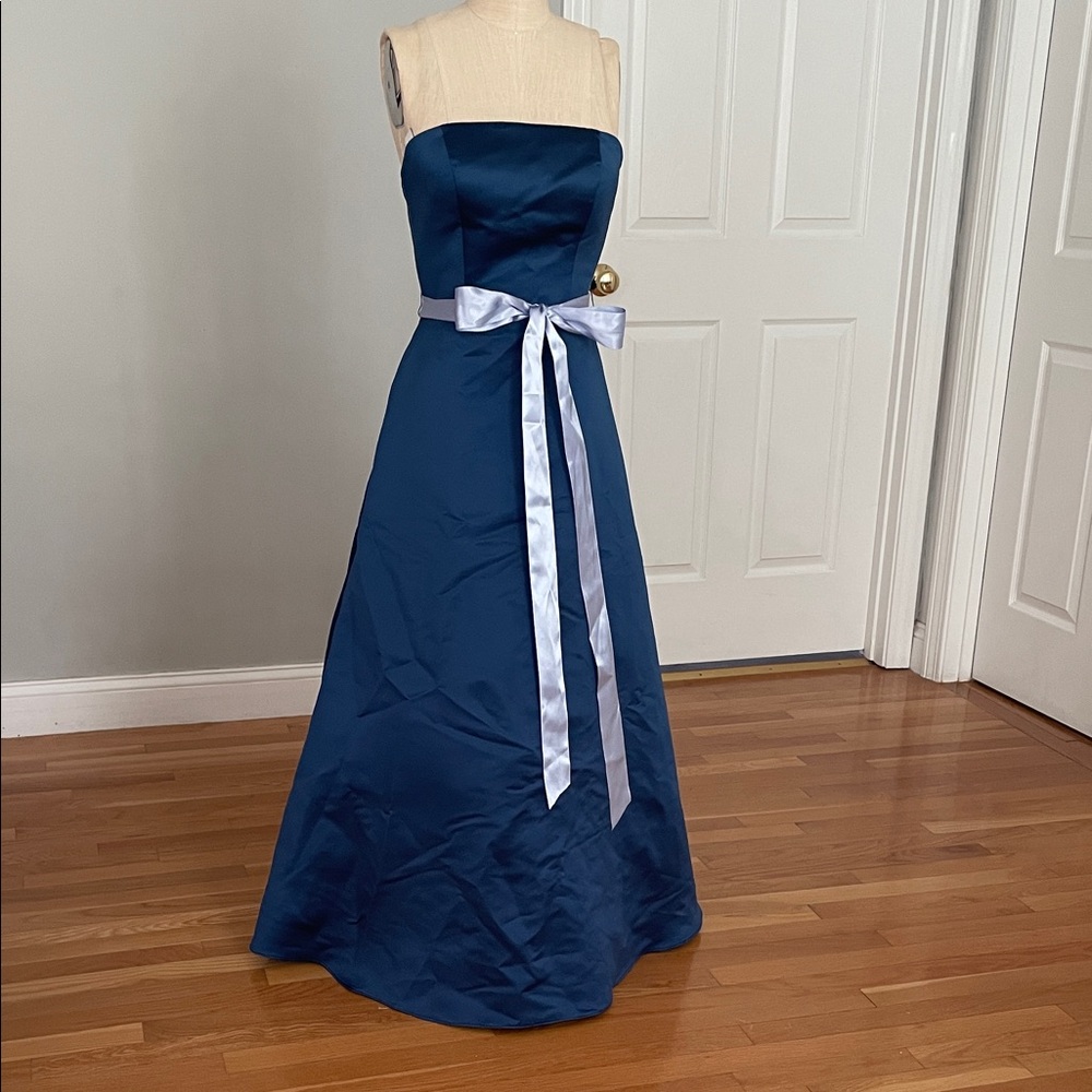 Strapless maxi formal navy blue dress